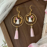 Bunny and Pink Tassel Earrings, Pink Sakura Cherry Blossom Earrings, Japanese Sakura bunny Earrings, Cherry Blossom rabbit Earrings
